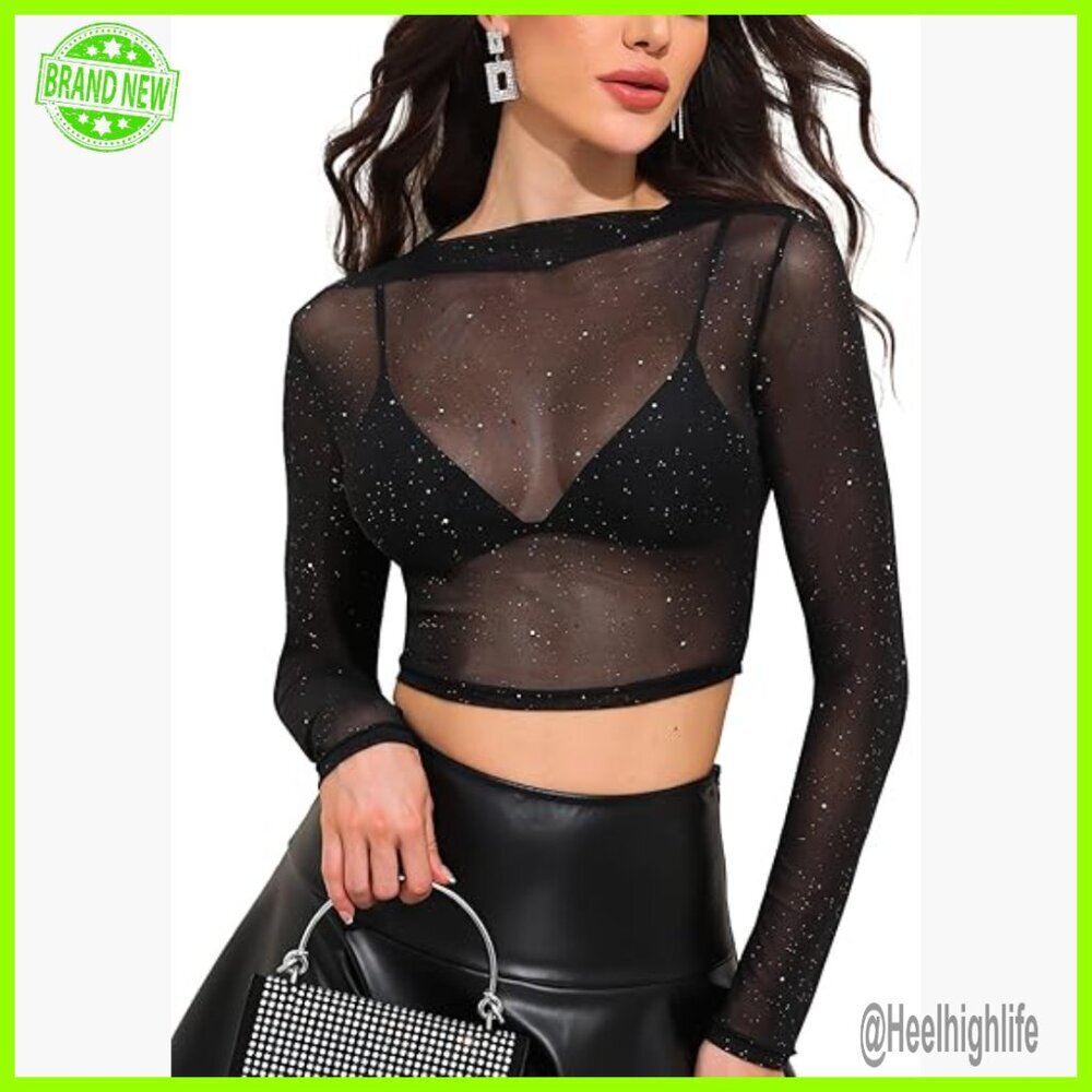 Sheer Mesh Crop Top with Silver Glitter Cap Sleeve Party Top S-XXL